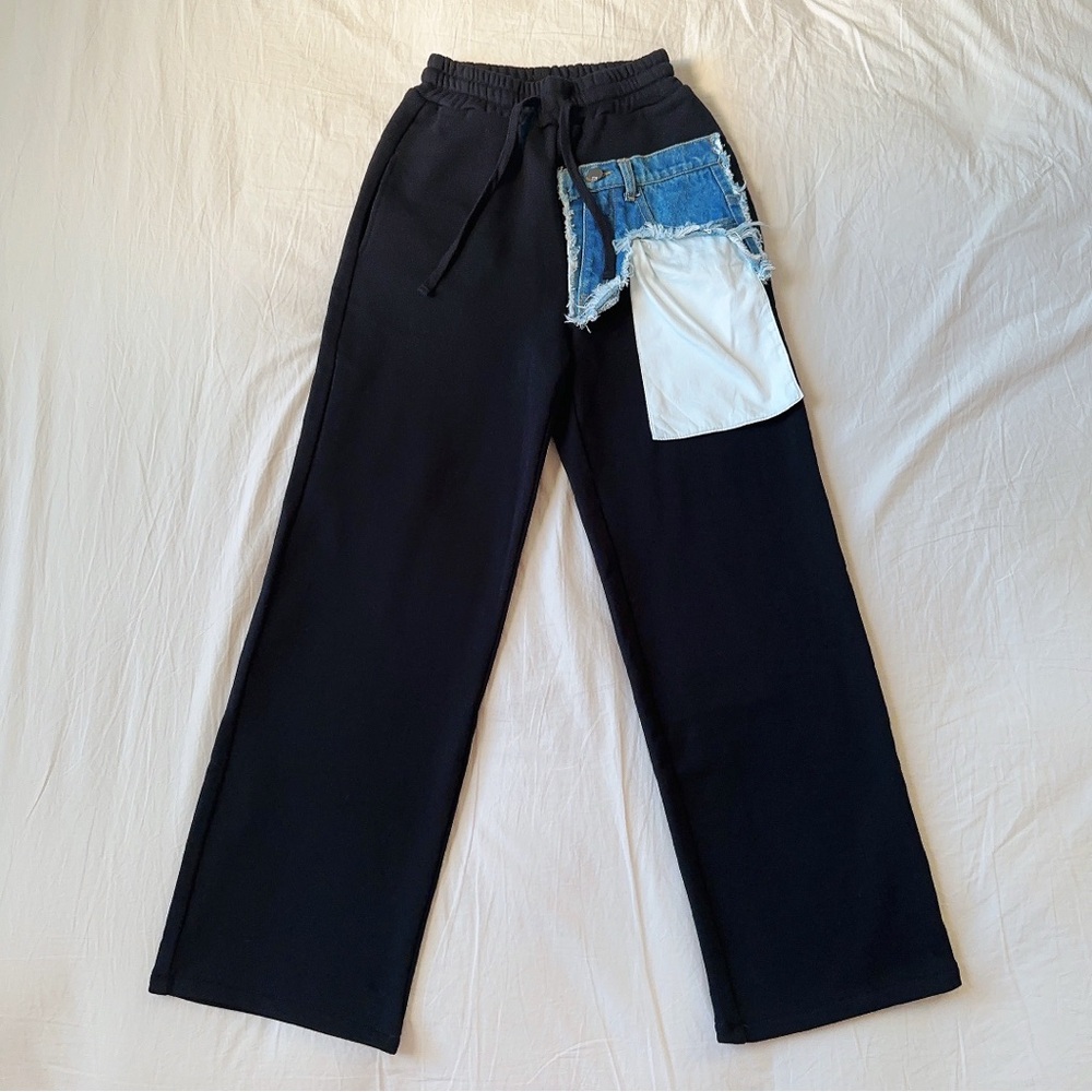 Straight Leg Jogger Pants With Denim Patchwork Black/Blue Stylish/Unique Pants